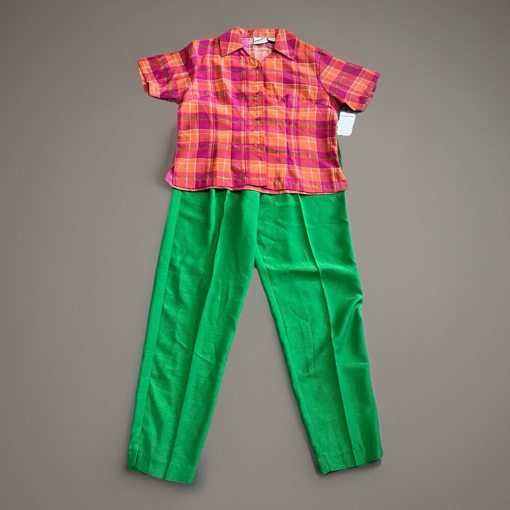 SHANNA size L 2pc Set 90s Orange Pink Green Plaid Blouse & Pants Coastal Grandma